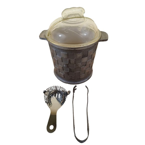 1940's Lined 9"x6.5" Pewter Ice Bucket Glass Lid Utensils Vintage Waffle Design - Picture 1 of 10
